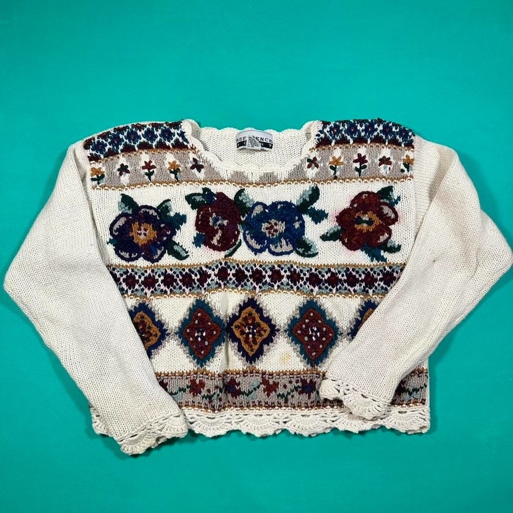Vintage 90s knit sweater floral abstract embroidered pattern 1990s knit sweater